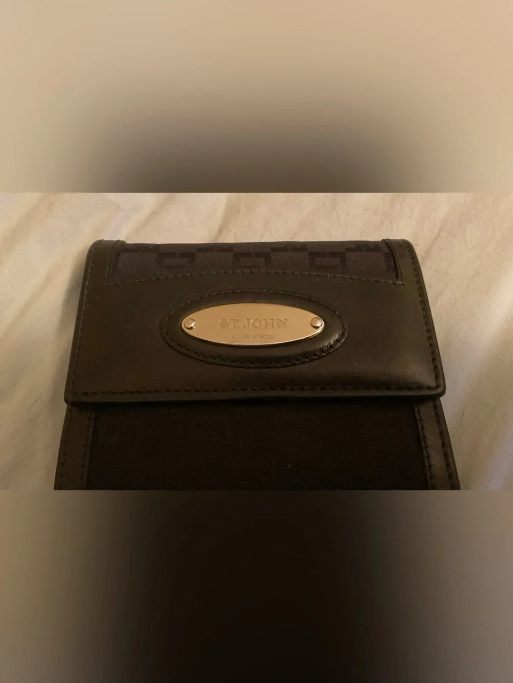 VINTAGE ST. JOHN Made in Italy Black Monogram Leather Oversized Wallet Gold Hard